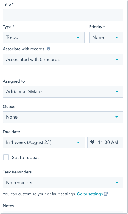 HubSpot task details panel-set to repeat